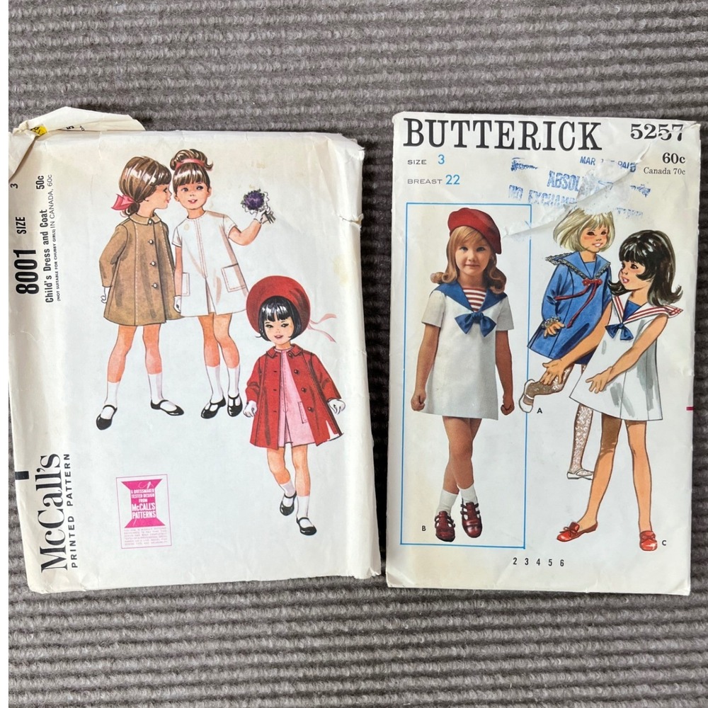 Vintage 1960s Girls Sewing Patterns‎ McCalls 8001 Dress Butterick 5257 Size 3